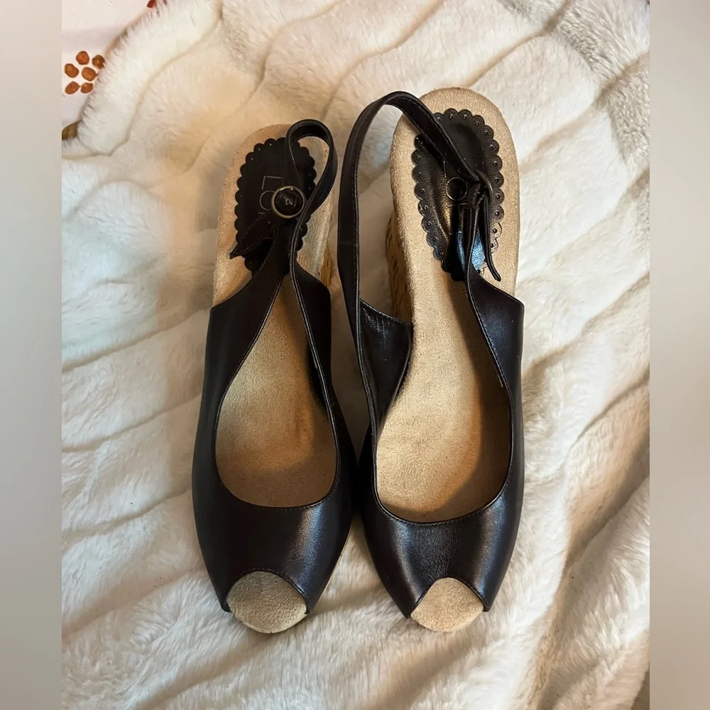 Ann Taylor Loft 6M Womens Tan Black Sprint Summer Cork Wedge Sandals Casual City